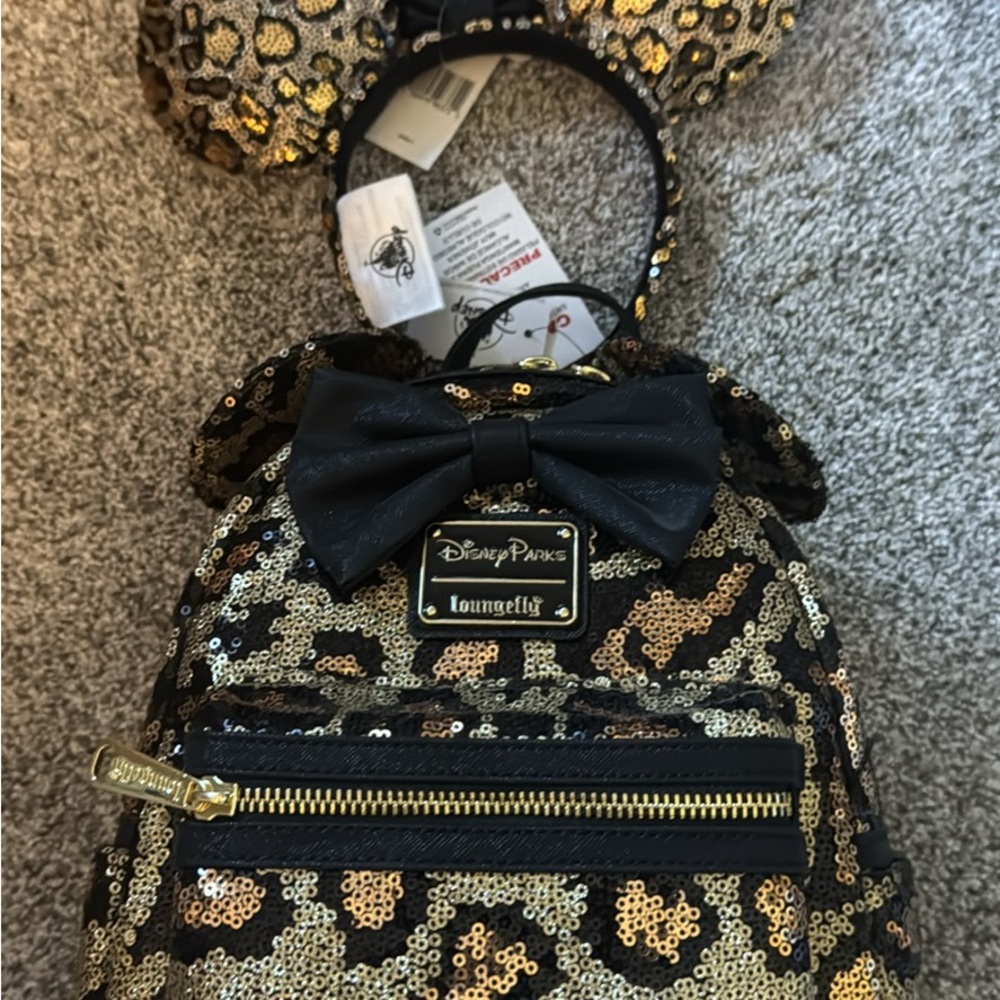 Disney Loungefly Minnie sequin leopard print mini backpack with matching ears